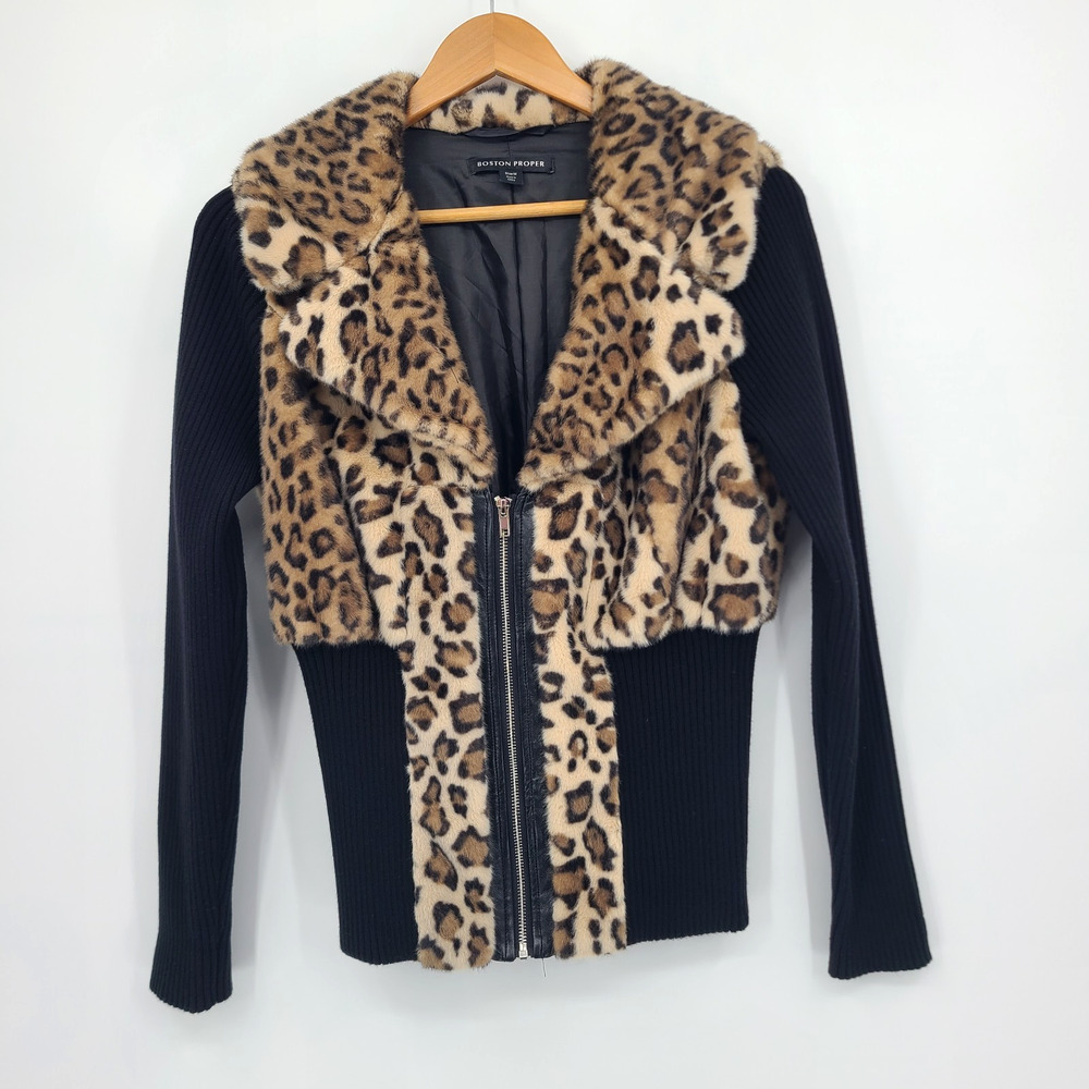 Boston Proper Animal Faux Fur Zip Up Cardigan Jacket Ribbed Chic Y2K Edgy Size M